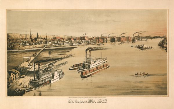 Bird's-eye map of La Crosse from the Mississippi River.