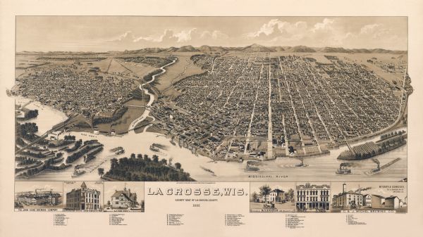 Bird's-eye map of La Crosse, with six insets including residences, a store front, The John Gund Brewing Company, and C. & J. Michel Brewing Company.