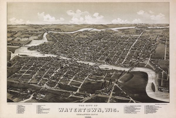 Bird's-eye view of Watertown with indexed points of interest.