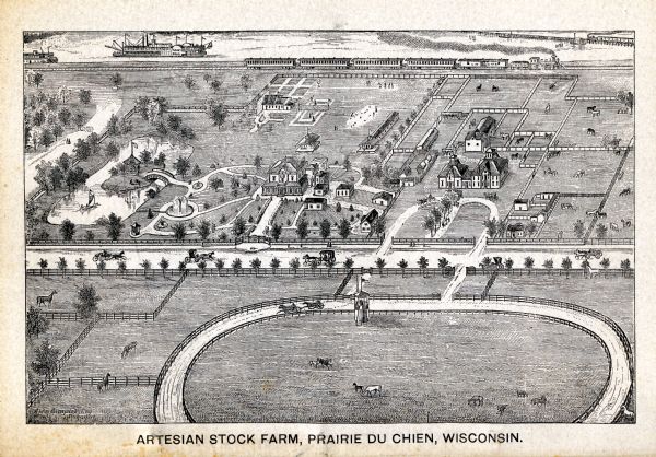 Bird's-eye view drawing of the grounds of Villa Louis, the estate of the fur trading Dousman family. After the death of H. Louis Dousman's mother in 1882, he began the transformation of the property into a horse-breeding farm to make his passionate hobby of harness racing into his livelihood.