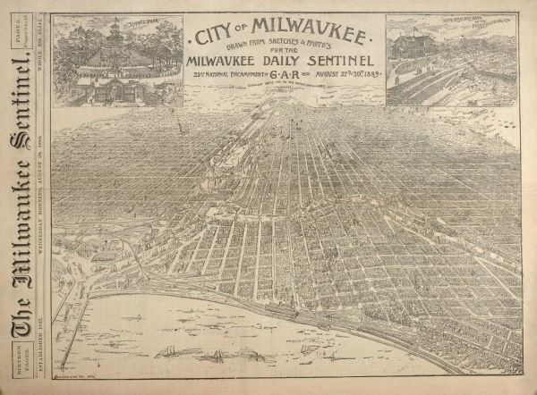 Bird's-eye view of Milwaukee, drawn from sketches and photographs for the "Milwaukee Daily Sentinel," with insets of Schlitz Park and the Pabst Brewing Company's White Fish Bay Park.