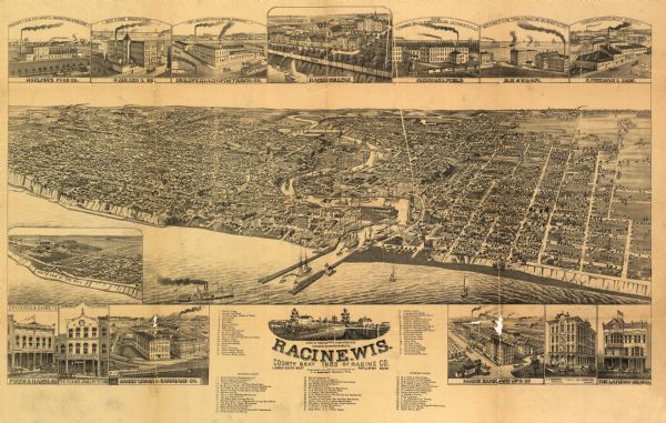 Bird's-eye map of Racine looking south west, with insets of points of interest.