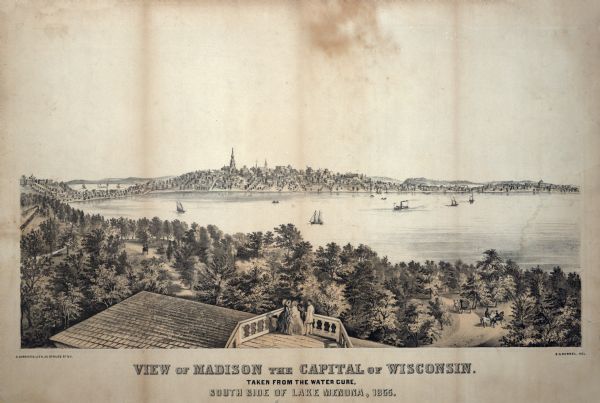 Bird's-eye view of Madison. "Taken from the Water Cure, South Side of Lake Monona, 1855."