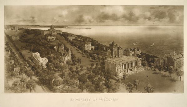 Bird's-eye view of the University of Wisconsin-Madison campus looking northwest.  Building at top of hill, to left of center is Bascom Hill (Main Hall) and clockwise: North hall, Education Hall (larger than North hall), the tri-part Science hall, two unidentified halls to the right  and  below, the Armory (Red Gym or Old Red, on the mall), to the left, the  Wisconsin Historical Society (large white building at base of Bascom Hill), across street towards back, Music Hall, Lathrop Hall to the left, an unidentified hall behind Music Hall, and South Hall just below Bascom Hall, on the left of the image.  There are also eight unidentified small houses at the bottom left corner.  Street with a streetcar, to left of Historical Society is State Street, with Lake Mendota in background.