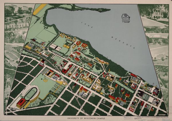 Colored map with black and white photographic images in wedges at right and left sides. Map extends from Camp Randal stadium at bottom left corner, to Lake Street at bottom right corner, and to Lake Mendota and Pick nick point. Camp Randal and the mall have temporary buildings, possibly veterans housing. Streets are named. Centennial University seal in upper area of Lake Mendota.