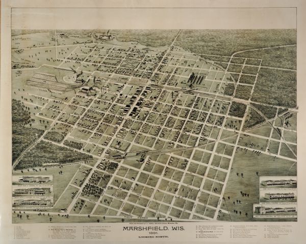 Bird's-eye map of Marshfield, looking north, with six vignettes of east and west side of Central Ave, between 3rd and 4th, 2nd and 3rd, and Railroad and 2nd.  Location key beneath image identifies 39 businesses.