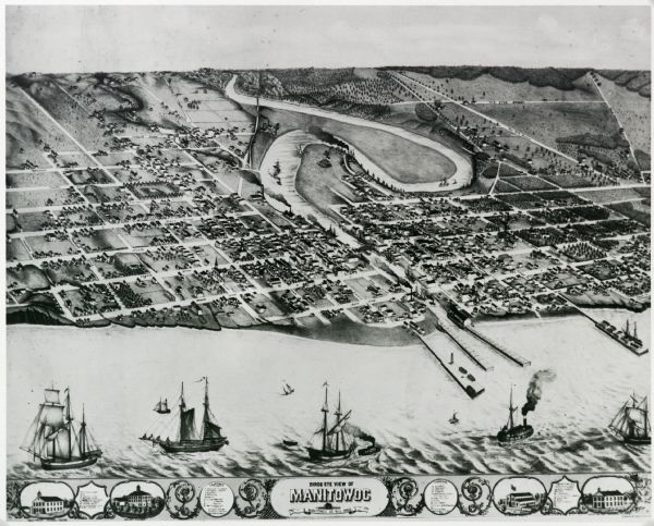 Bird's-eye map of Manitowoc, with four insets. Manitowoc County.