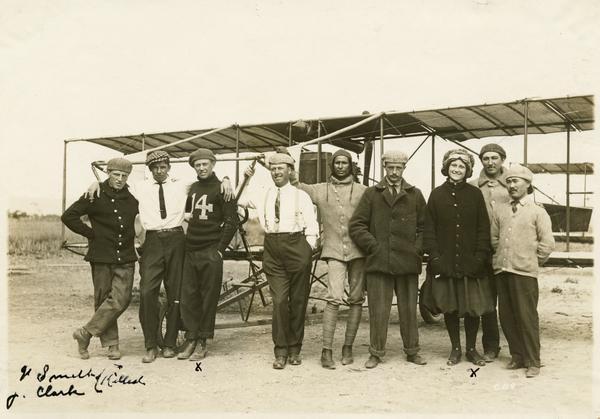 The 1912 class at the Glenn Curtiss Aviation School on North Island, near San Diego. Milwaukee's John Kaminski (in white shirt and tie) is second from the left. Unlike the previous year's class, which was almost entirely comprised of students from the military, the Kaminski's class was a disparate, international group. From the left they are: Barlow, Kaminski, Smith, Russell, Mohan Singh (India), Lansing Callan, Julia Clark, and K Takeshi (Japan).