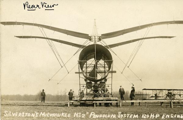Dr. A. Rudolph Silverston's vacu-aerial flying machine, as seen from the rear. Handwritten at top: "Rear View." Caption at bottom reads: "Silverston's Milwaukee No. 2 Pendulum System 120 H.P. Engine."