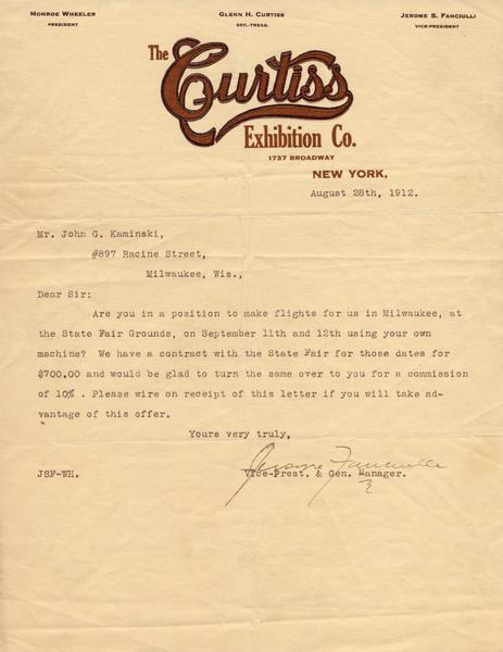 A contract letter written on Curtiss Exhibition Co. stationery addressed to John Kaminski of Milwaukee. It offers him a contract to fly at an exhibition at the Wisconsin State Fairgrounds.