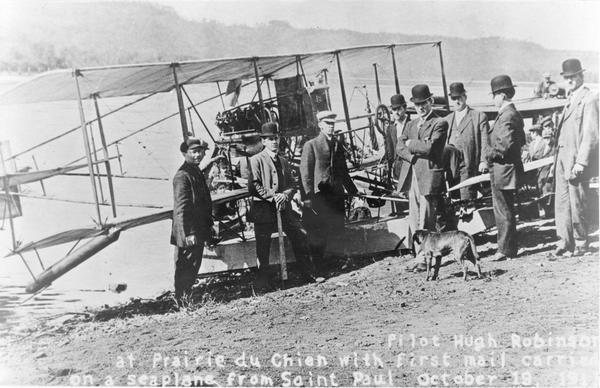 Pilot Hugh Robinson and his Curtiss hydroplane at Prairie du Chien during a flight that was intended to be the first all the way down the Mississippi River to New Orleans.