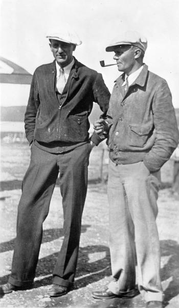 Clyde Allen Lee (left), who grew up in Larsen, Wisconsin, and John Bochkon, a last-minute passenger, before they took off to attempt a trans-Atlantic flight to Oslo, Norway. Their plane disappeared over the Atlantic Ocean.