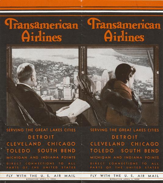 A schedule of Transamerican Airlines covering its service to Chicago, Detroit, Cleveland, and other Great Lakes cities. The unfolded schedule depicts two passengers in the airplane cabin, a man and a woman, looking out at an urban skyline below.