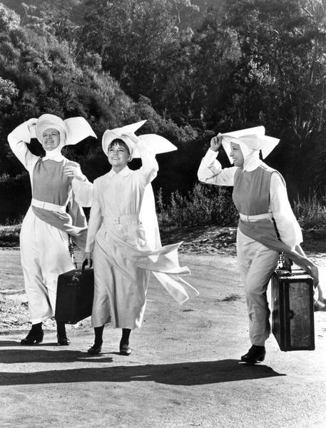 A publicity still from the ABC television situation comedy, "The Flying Nun," which starred Sally Field (center), as Sister Bertrille. With her are actors Marge Redmond, left, and Shelley Morrison. "The Flying Nun" television series was based on the book, "The Fifteenth Pelican" by Wisconsin writer Tere Rios Versace. Confusingly, Versace also researched a book on Sister Mary Aquinas, the real flying nun from Manitowoc, although it was never published.