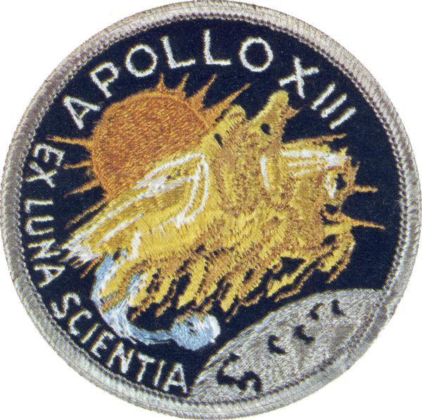 Mission patch design for Apollo 13.  This patch was worn by Commander James A. Lovell, Jr., formerly of Milwaukee; John L. Swigert, Jr.; and Fred W Haise, Jr.  Apollo 13 was launched on April 11, 1970, but terminated shortly after because of a nearly disastrous failure in the service module oxygen tank. Although Apollo 13 might be considered a failure, the return flight, which was televised to a worried nation, made the three astronauts into national heroes.  More recently, the mission was made into a motion picture in which Tom Hanks portrayed Lovell. The Apollo decals from which this image was made were collected by ABC science reporter, Jules Bergman.