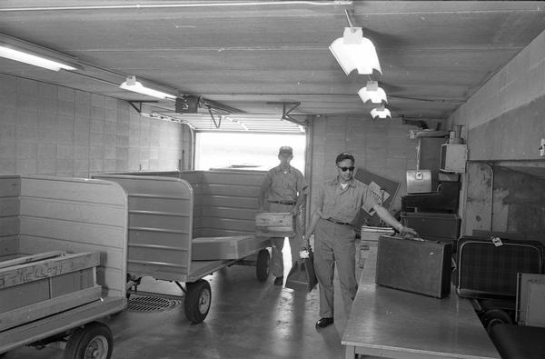 This new baggage handling area was among the improvements in the new passenger terminal at Austrin Staubel Airport in 1965. Austin Straubel became the county airport in 1948, replacing Blesch Field. In keeping with wartime practice, it was named in honor of Green Bay's Austin Straubel, a lieutenant colonel in the U.S. Army Air Corps who was killed in the Pacific in 1942.