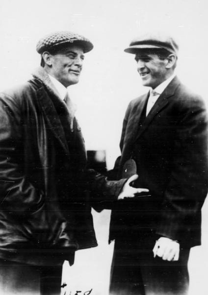 Horace Kearney (left), a member of the Curtiss exhibition team, and Hillery Beachey, brother of the famous aviator, Lincoln Beachey.  Kearney was familiar to Wisconsin audiences, having appeared with Farnum Fish and John Kaminski in Milwaukee in 1912. Kearney disappeared over the Pacific Ocean in 1915. Although Hillery Beachey was a pilot in his own right, he was not of the same caliber as his famous brother. He retired from exhibition flying to become his brother's mechanic.