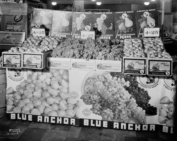 Display of Blue Anchor California pears and grapes in Badger Fruit Market, 250 State Street.