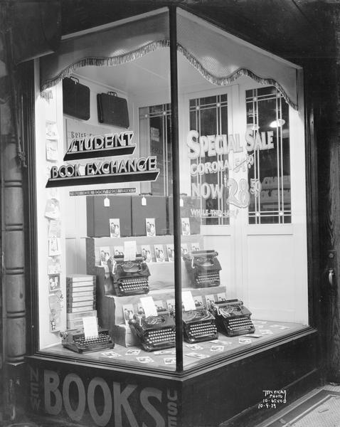 Display of Corona typewriters in the window of Student Book Exchange, 712 State Street.