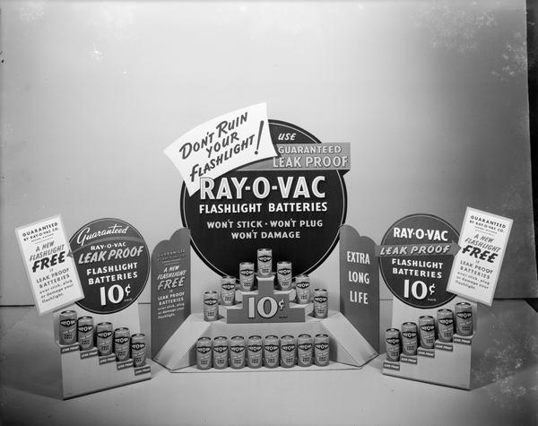 Retail display of Ray-O-Vac leak proof flashlight batteries.