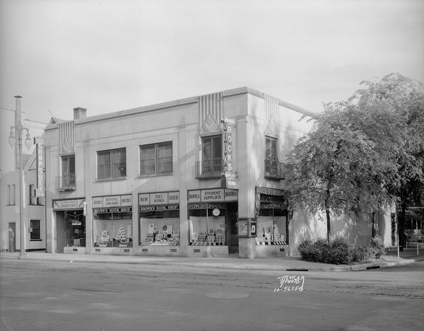 The exterior of Brown's Book Shop, 643 State Street at the corner of Lake Street.