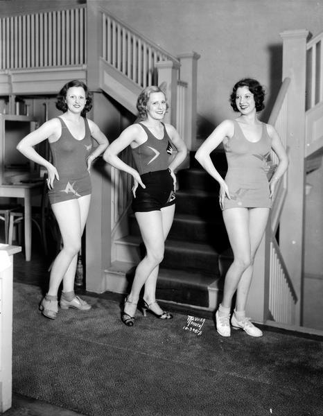 Three Fanchon & Marco showgirls model bathing suits at Heller's, 205 State Street.