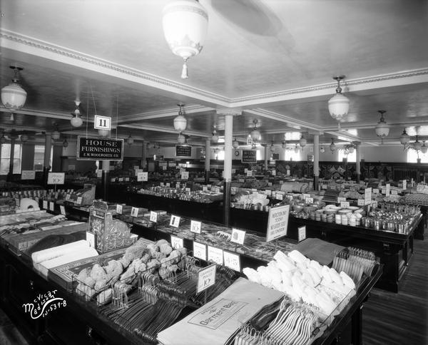 Interior view of Woolworth's Variety Store, with a House Furnishings sign, 1 East Main Street.