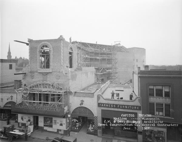 Elevated view above State Street of the Capitol Theatre, with construction nearly completed.
