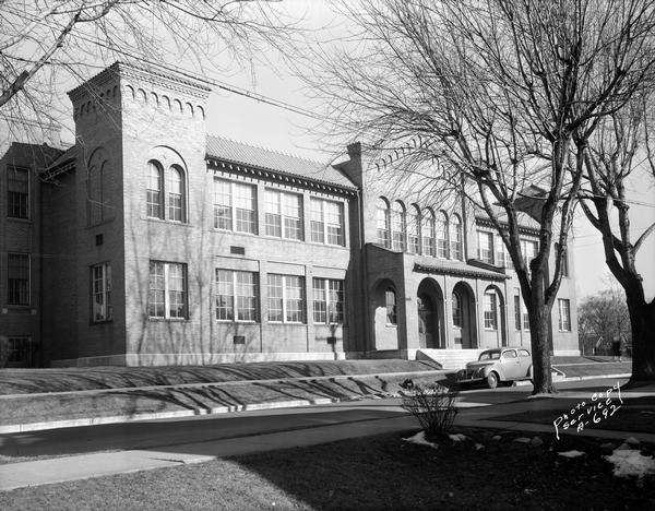 Entrance to Lowell School, located at 401 Maple Avenue.