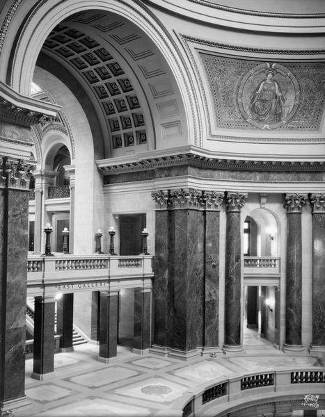 Interior view of the East Gallery and the rotunda, at the Wisconsin State Capitol.