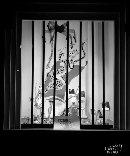 H.S. Manchester Inc., Tigress Hosiery Display Window H.S. Manchester Inc., 2 East Mifflin Street, Tigress hosiery window display, featuring a decorative tigress figure inside a cage and hosiery models with stockings and packaging.