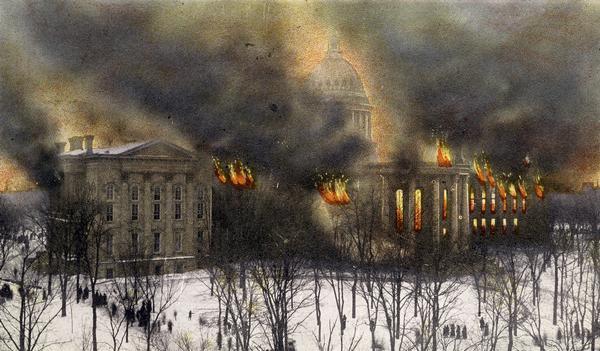 Postcard depicting the fire of February 26-27, 1904 that destroyed most of the second Wisconsin State Capitol. The smoke and flames have been dramatically enhanced by the postcard publisher.