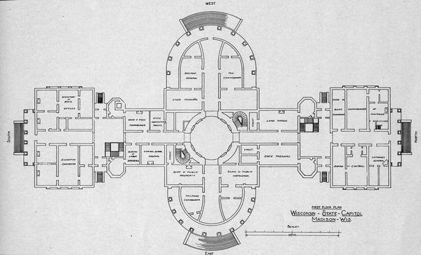 The floor plan of the first floor of the third Wisconsin Capitol as published in 1904 under the title "Program issued by the Capitol Improvement Commission." The octagonal rooms on both the North and South wings mark the extent of the building before the expansion of 1883. At that time the arrangement of rooms was changed and both the governor and secretary of state moved into rooms on the first floor of the addition. In the original configuration both of those officials had been housed on the first floor of the East Wing (near what would have been regarded as the front door).
