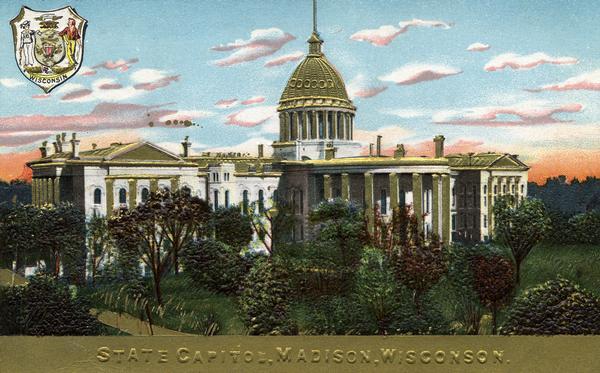 Embossed souvenir postcard decorated with gold that depicts the third Wisconsin State Capitol as it appeared, 1883-1904. The gold dome was an entirely artistic idea; the metal dome was painted white, although between paintings, it was sometimes rusty in appearance. At top left is the seal of Wisconsin. (In the embossed title across the bottom of the card Wisconsin is spelled "Wisconson.")
