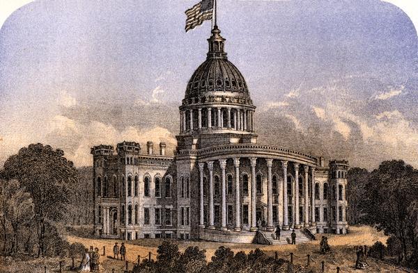 The third Wisconsin Capitol (the second in Madison) as it appeared shortly after the construction was completed.