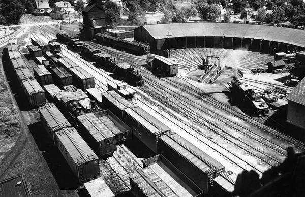 Elevated view of the Green Bay & Western Railroad roundhouse.