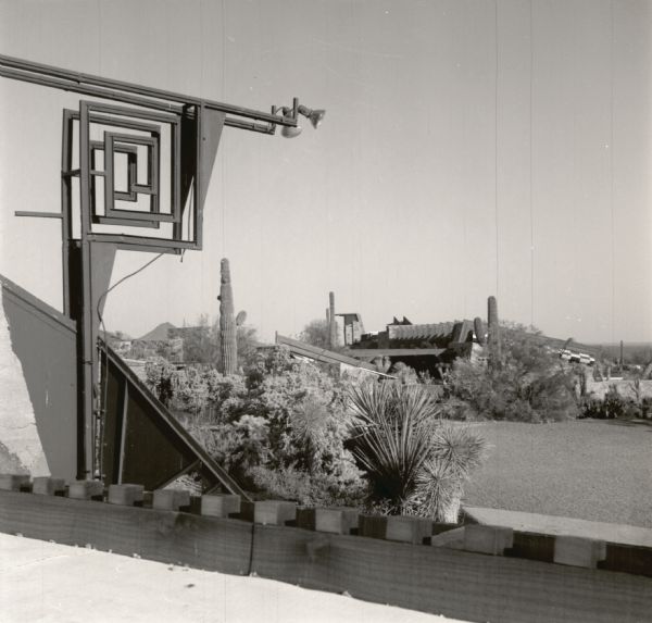A portion of the sculpture and the entrance court and garden at Taliesin West, winter residence of Frank Lloyd Wright and the Taliesin Fellowship.