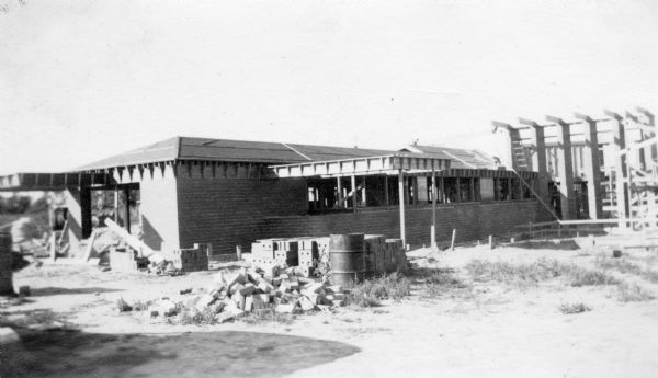 Construction of the Herbert F. Johnson Residence, "Wingspread," designed by Frank Lloyd Wright. The building was completed in 1937.