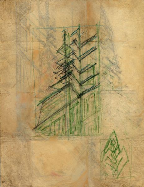 Preliminary sketch, drawn by Frank Lloyd Wright, for the Floating Gardens Resort. The drawing may be an early concept for the resort of a detail for the resort's design. There are sketches on both sides of the paper.