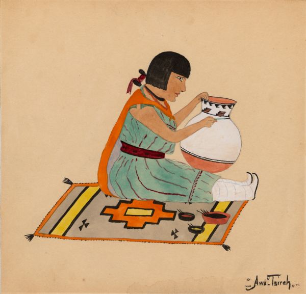 Painting made at Sante Fe of woman decorating pottery.