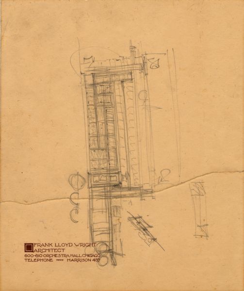 Pencil sketch, on Frank Lloyd Wright 600-610 Orchestra Hall, Chicago, Illinois, stationery. The sketch, drawn by Frank Lloyd Wright, is a preliminary sketch of an unknown building.