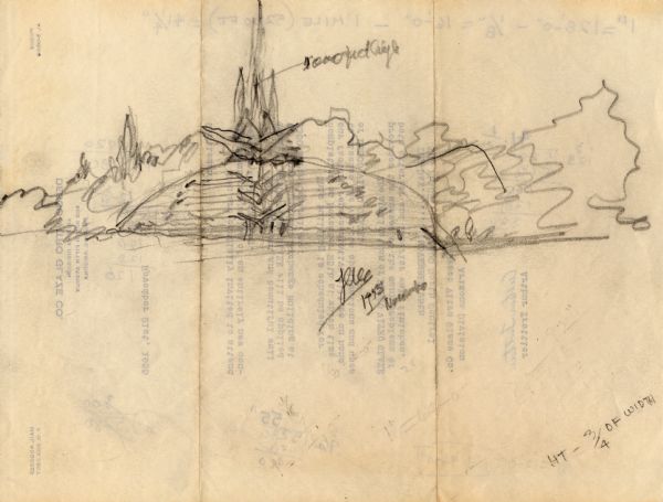 Pencil sketch, drawn by Frank Lloyd Wright, possibly a preliminary design for the Air Force Academy.  The drawing is on the back of Desco Vitro Glaze Co. stationery, an Arizona glazing company.  Wright headed a group of architects and engineers, under the title of Kitty Hawk Associates, that were to compete in the Air Force Academy Design Competition.  Wright, however, pulled out of the competition in July 1955.