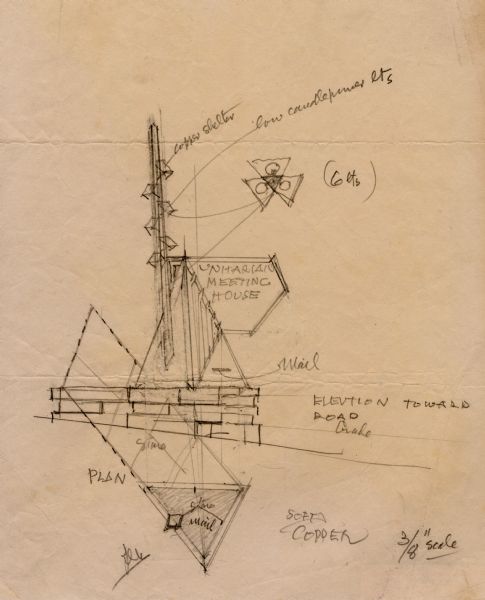Pencil sketch of an elevation and the site plan, drawn by Frank Lloyd Wright, of the First Unitarian Society Meeting House sign.