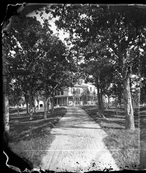 Man lying on the grass along a tree-lined drive that leads to a frame house in background. Rural house, country estate.