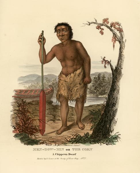 Men-dow-min, or the Corn, a Chippewa (Ojibwa) dwarf. Hand-colored lithograph from the Aboriginal Portfolio, painted at the Treaty of Green Bay (1827).