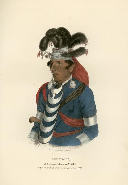 Brewett, Chief of the Miami Tribe. Hand-colored lithograph from the Aboriginal Portfolio, drawn at the Treaty of Massinnewa (1827).