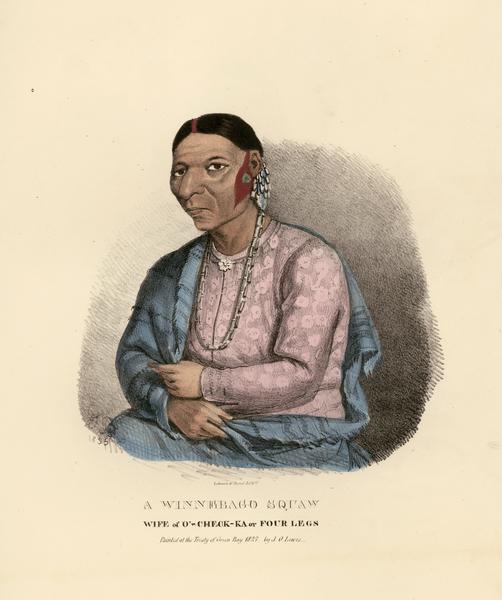 A Winnebago (Ho-Chunk) Squaw, wife of O'-check-ka (Four Legs). Hand-colored lithograph from the Aboriginal Portfolio, painted at the Treaty of Green Bay (1827).