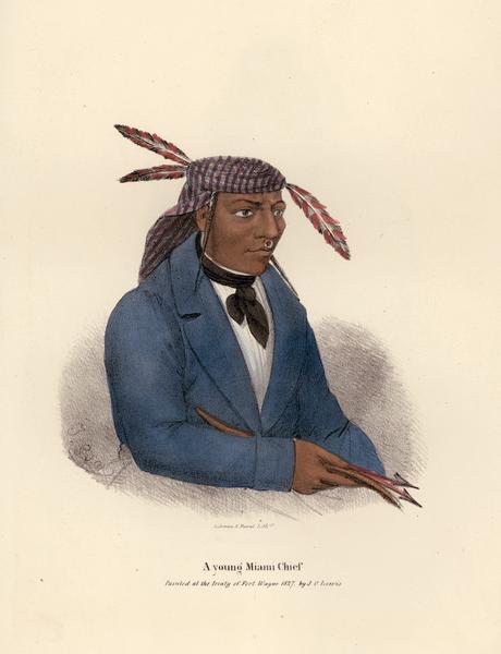 A young Miami Chief.  Hand-colored lithograph from the Aboriginal Portfolio, painted at the Treaty of Fort Wayne (1827).