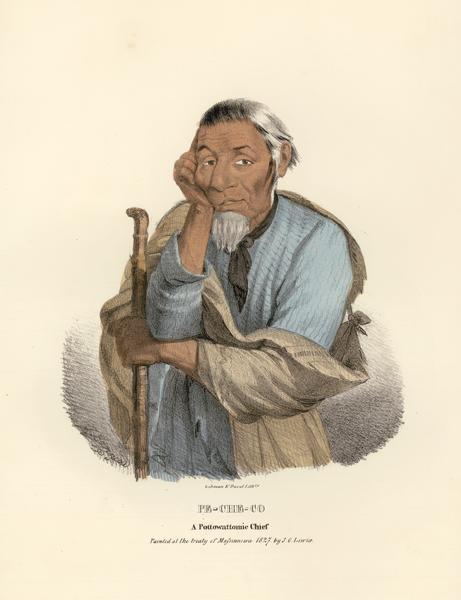 Pe-Che-Co, Pottowattomie (Potawatomi) Chief. Hand-colored lithograph from the Aboriginal Portfolio, sketched at the treaty of Massinnewa (1827).