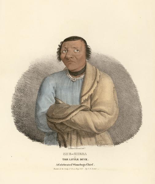 She-sheba, or the Little Duck, a celebrated Winnebgo (Ho-Chunk) Chief.  Hand-colored lithograph from the Aboriginal Portfolio, painted at the Treaty of Green Bay (1827).